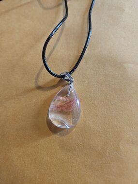 Clear Teardrop Glass Pendant Necklace with Pink Accent